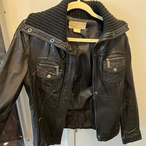 Michael Kors Leather Moto Jacket with Faux Trim S